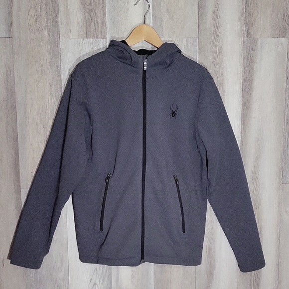 Spyder Mens Medium HydroWeb Soft Shell Jacket Hooded Full Zip Grey Activewear - Picture 1 of 11